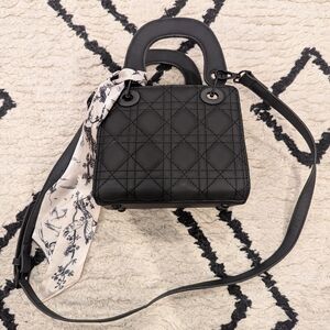 Black Quilted Top-Handle Women's Bag with Scarf Accent